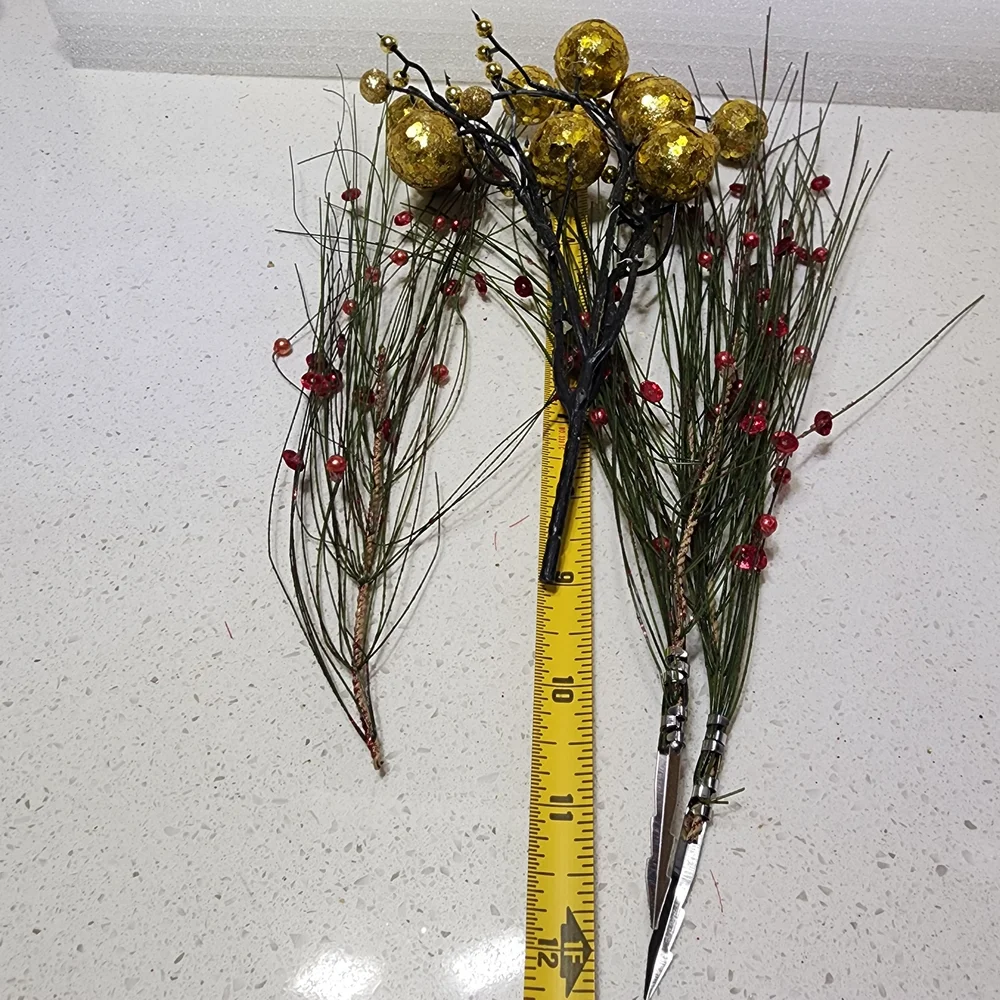 Vintage Festive Gold and Red Berry Branches 4 Pieces